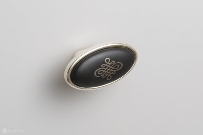 Grace мебельная ручка-кнопка восточное серебро и черная матовая керамика с платиновым орнаментом карильон